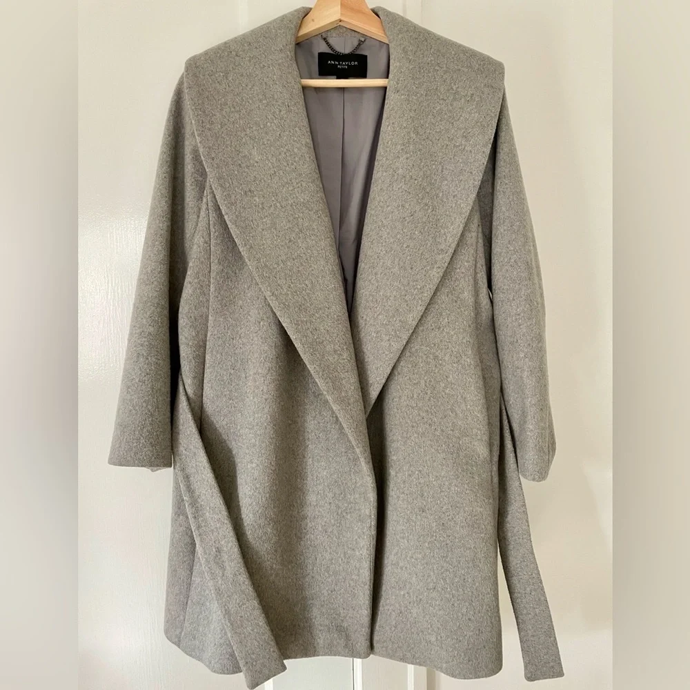 Ann Taylor Light Gray Wrap Coat with Shawl Collar - Picture 2 of 10